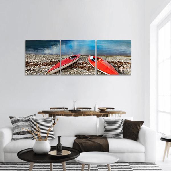 Red Kayaks At Lake Wakatipu Panoramic Canvas Wall Art-3 Piece-25" x 08"-Tiaracle