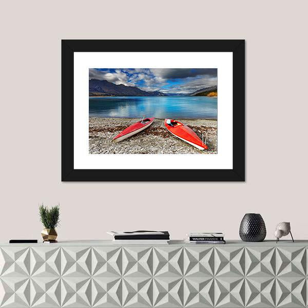 Red kayaks At The Lakeside Canvas Wall Art-1 Piece-Framed Print-20" x 16"-Tiaracle