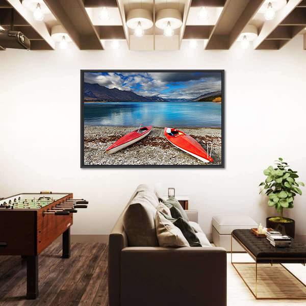 Red kayaks At The Lakeside Canvas Wall Art-3 Horizontal-Gallery Wrap-25" x 16"-Tiaracle