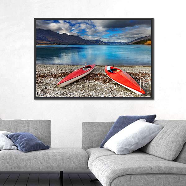 Red kayaks At The Lakeside Canvas Wall Art-3 Horizontal-Gallery Wrap-25" x 16"-Tiaracle