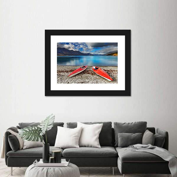 Red kayaks At The Lakeside Canvas Wall Art-3 Horizontal-Gallery Wrap-25" x 16"-Tiaracle