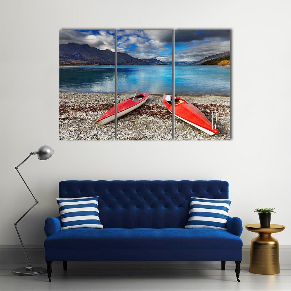 Red kayaks At The Lakeside Canvas Wall Art-3 Horizontal-Gallery Wrap-37" x 24"-Tiaracle