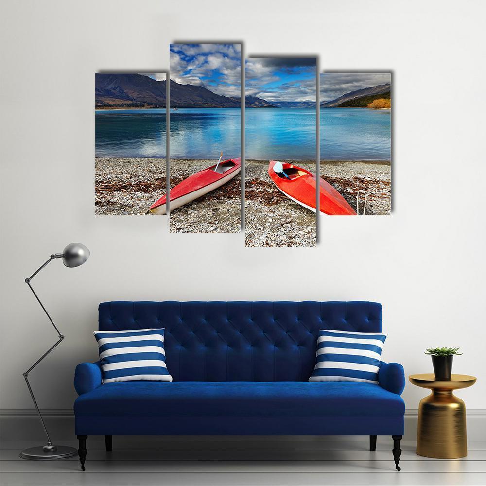 Red kayaks At The Lakeside Canvas Wall Art-4 Pop-Gallery Wrap-50" x 32"-Tiaracle