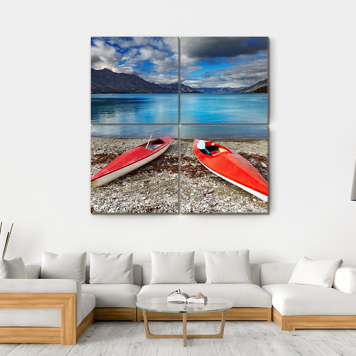 Red kayaks At The Lakeside Canvas Wall Art-4 Square-Gallery Wrap-17" x 17"-Tiaracle