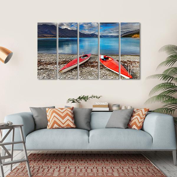 Red kayaks At The Lakeside Canvas Wall Art-5 Horizontal-Gallery Wrap-22" x 12"-Tiaracle