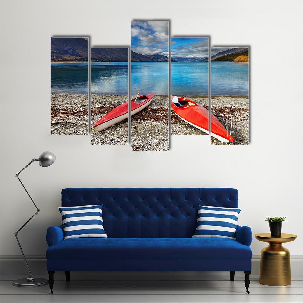 Red kayaks At The Lakeside Canvas Wall Art-5 Pop-Gallery Wrap-47" x 32"-Tiaracle