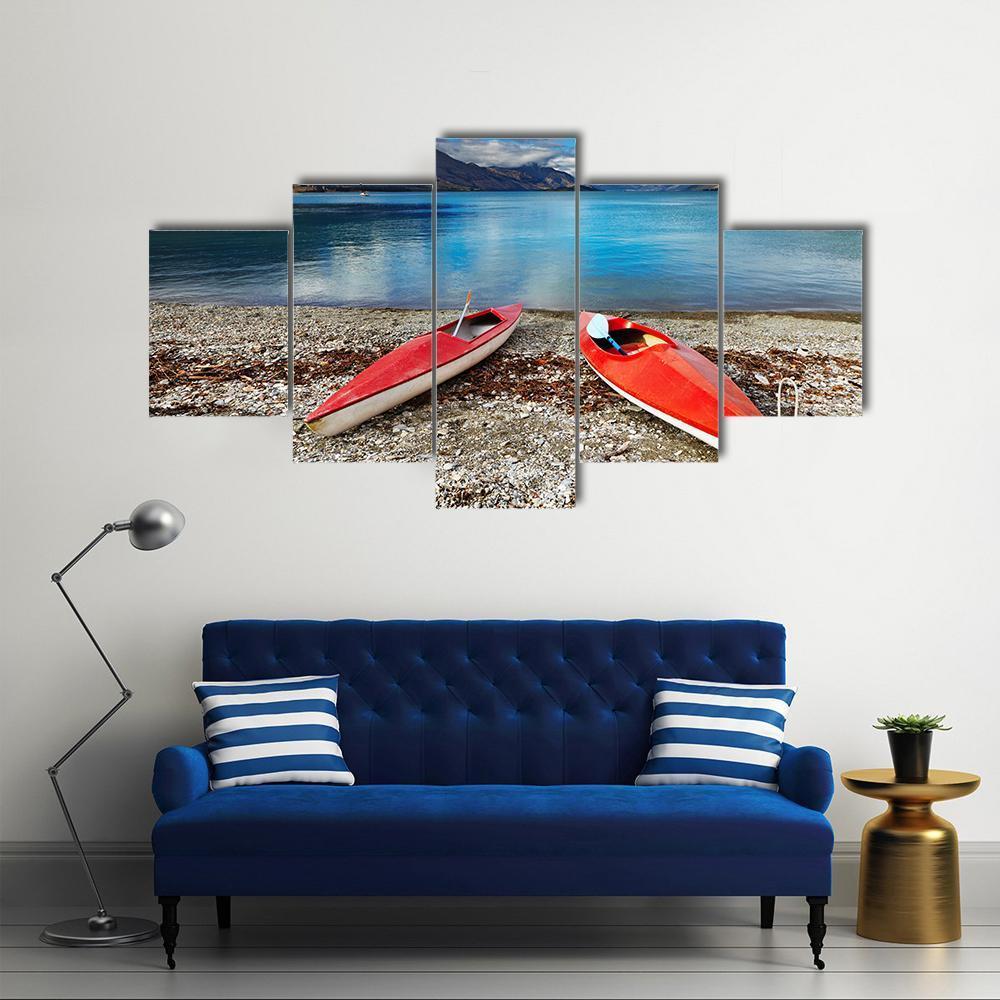 Red kayaks At The Lakeside Canvas Wall Art-5 Star-Gallery Wrap-62" x 32"-Tiaracle