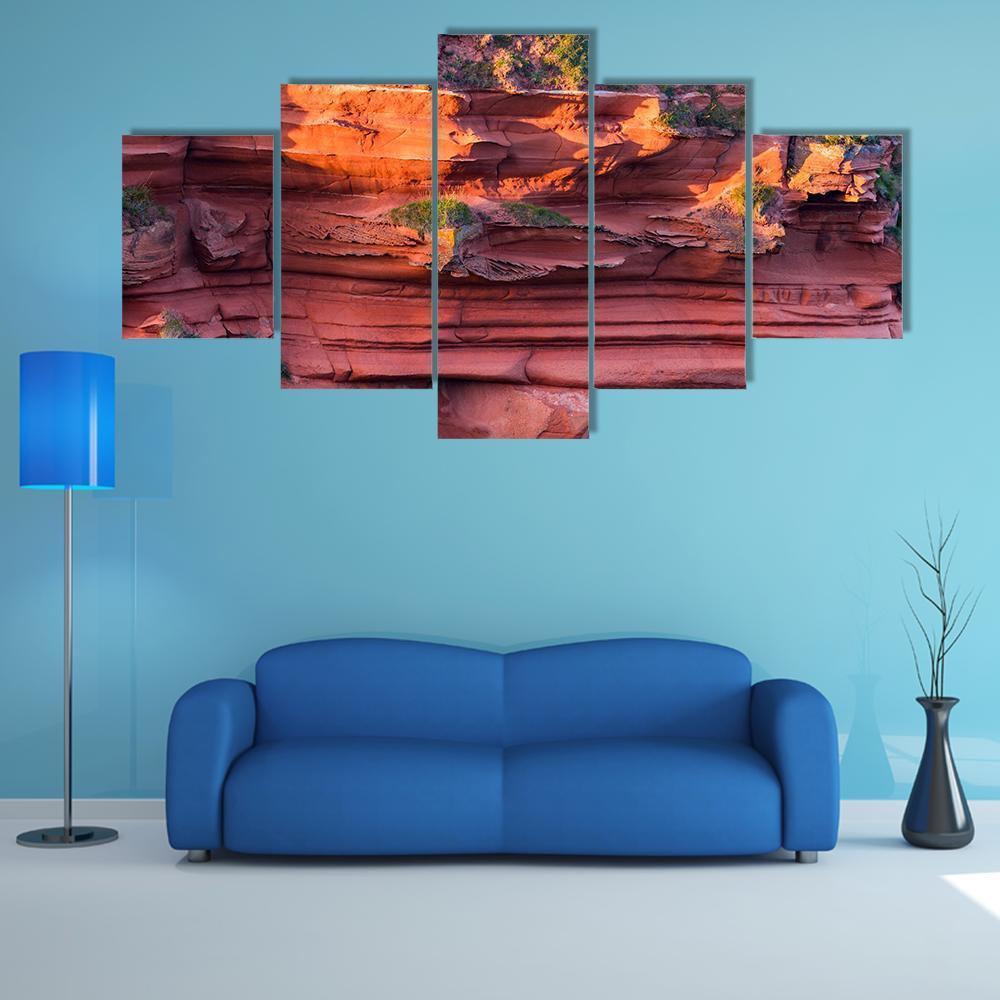 Red Layered Cliff Canvas Wall Art-5 Star-Gallery Wrap-62" x 32"-Tiaracle