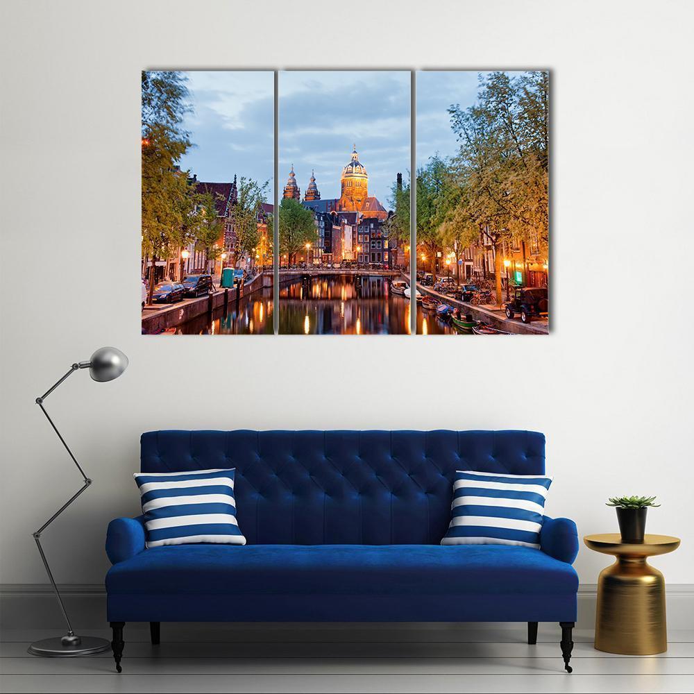 Amsterdam At Dusk Canvas Wall Art-3 Horizontal-Gallery Wrap-37" x 24"-Tiaracle