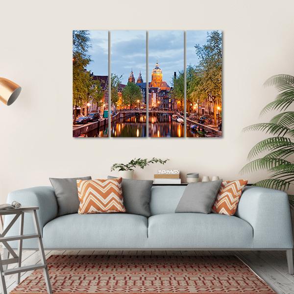 Amsterdam At Dusk Canvas Wall Art-4 Horizontal-Gallery Wrap-34" x 24"-Tiaracle