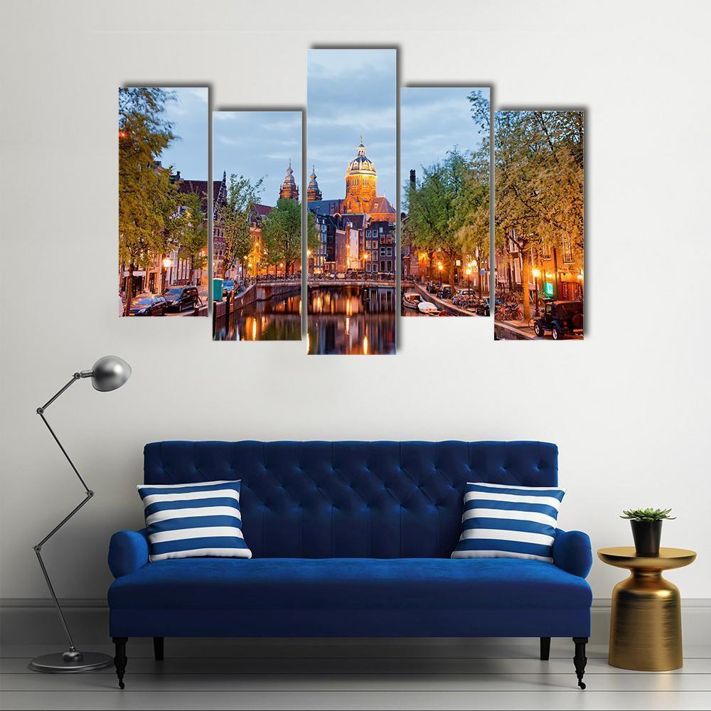 Amsterdam At Dusk Canvas Wall Art-5 Pop-Gallery Wrap-47" x 32"-Tiaracle