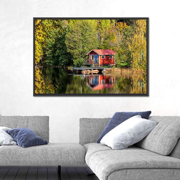 Red Little Cabin At Lake In Sweden Canvas Wall Art-3 Horizontal-Gallery Wrap-25" x 16"-Tiaracle