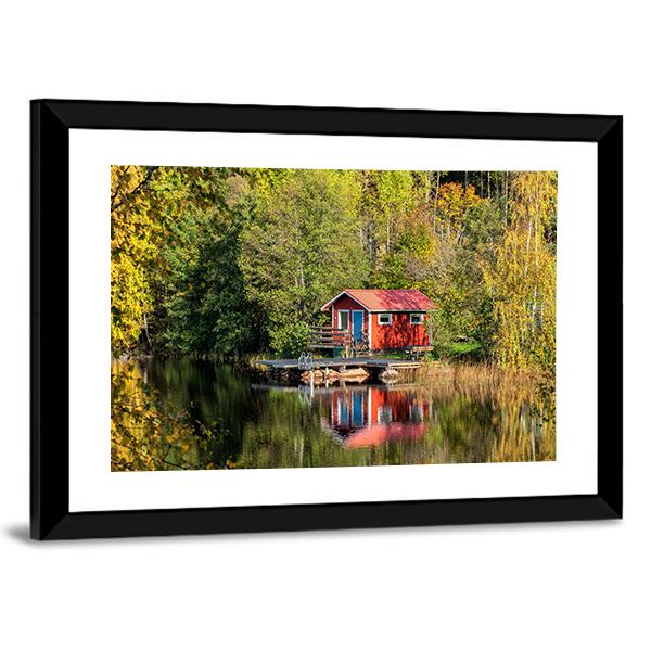 Red Little Cabin At Lake In Sweden Canvas Wall Art-3 Horizontal-Gallery Wrap-25" x 16"-Tiaracle