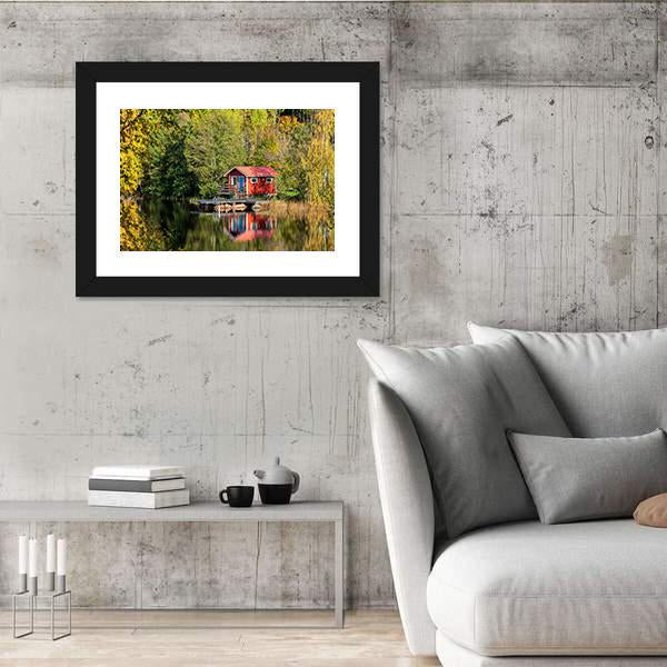Red Little Cabin At Lake In Sweden Canvas Wall Art-3 Horizontal-Gallery Wrap-25" x 16"-Tiaracle