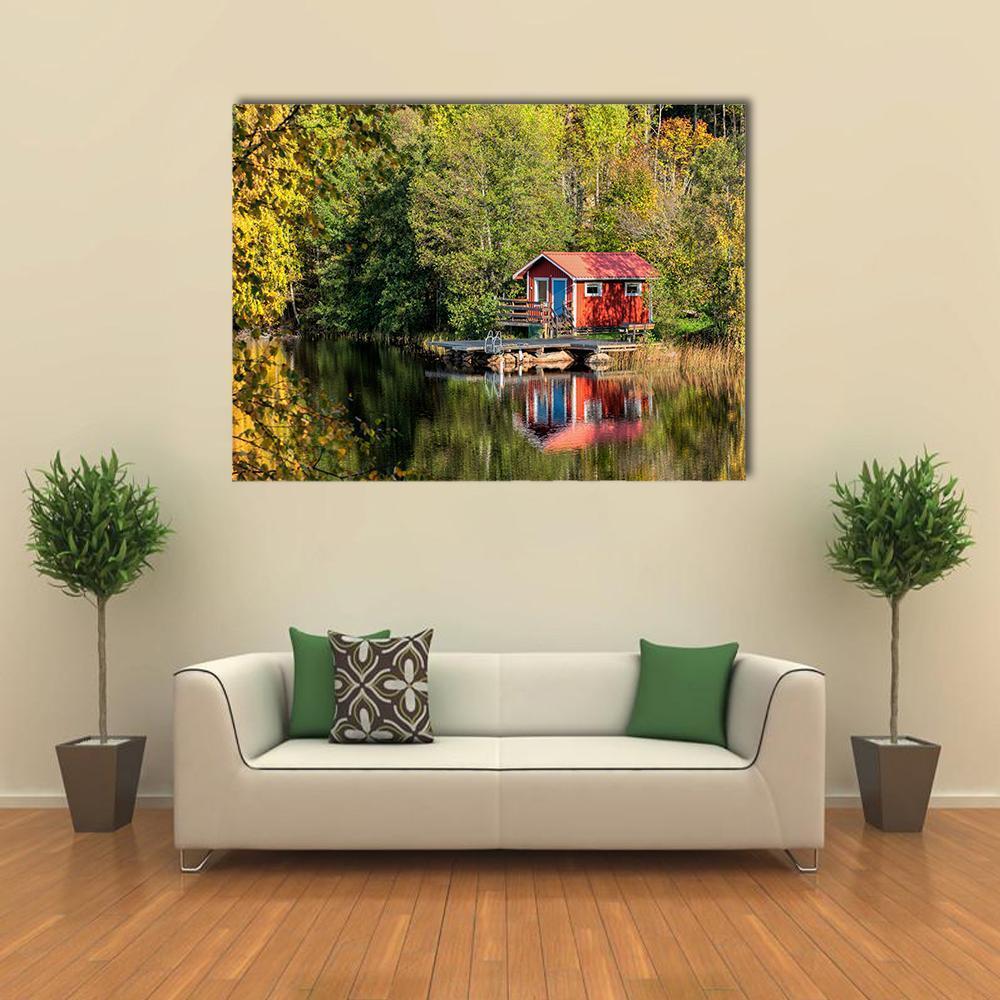 Red Little Cabin At Lake In Sweden Canvas Wall Art-1 Piece-Gallery Wrap-48" x 32"-Tiaracle