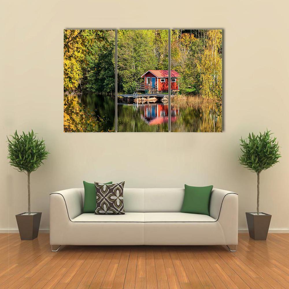 Red Little Cabin At Lake In Sweden Canvas Wall Art-3 Horizontal-Gallery Wrap-37" x 24"-Tiaracle