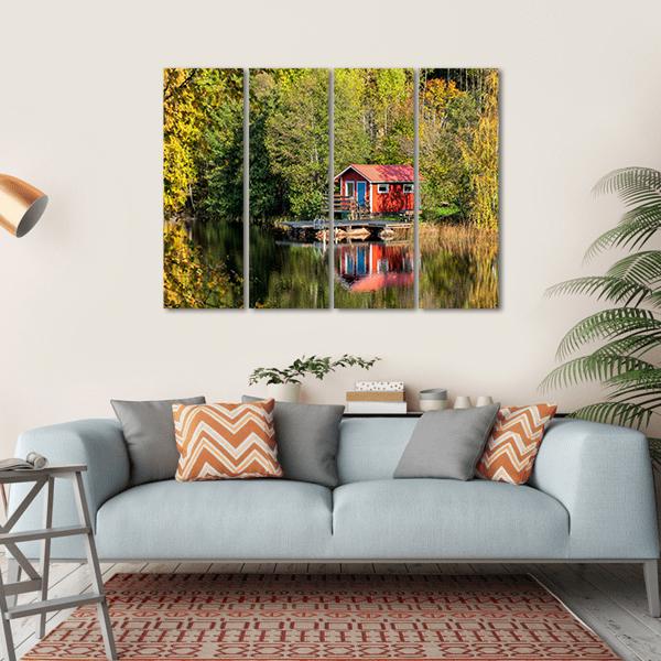 Red Little Cabin At Lake In Sweden Canvas Wall Art-4 Horizontal-Gallery Wrap-34" x 24"-Tiaracle