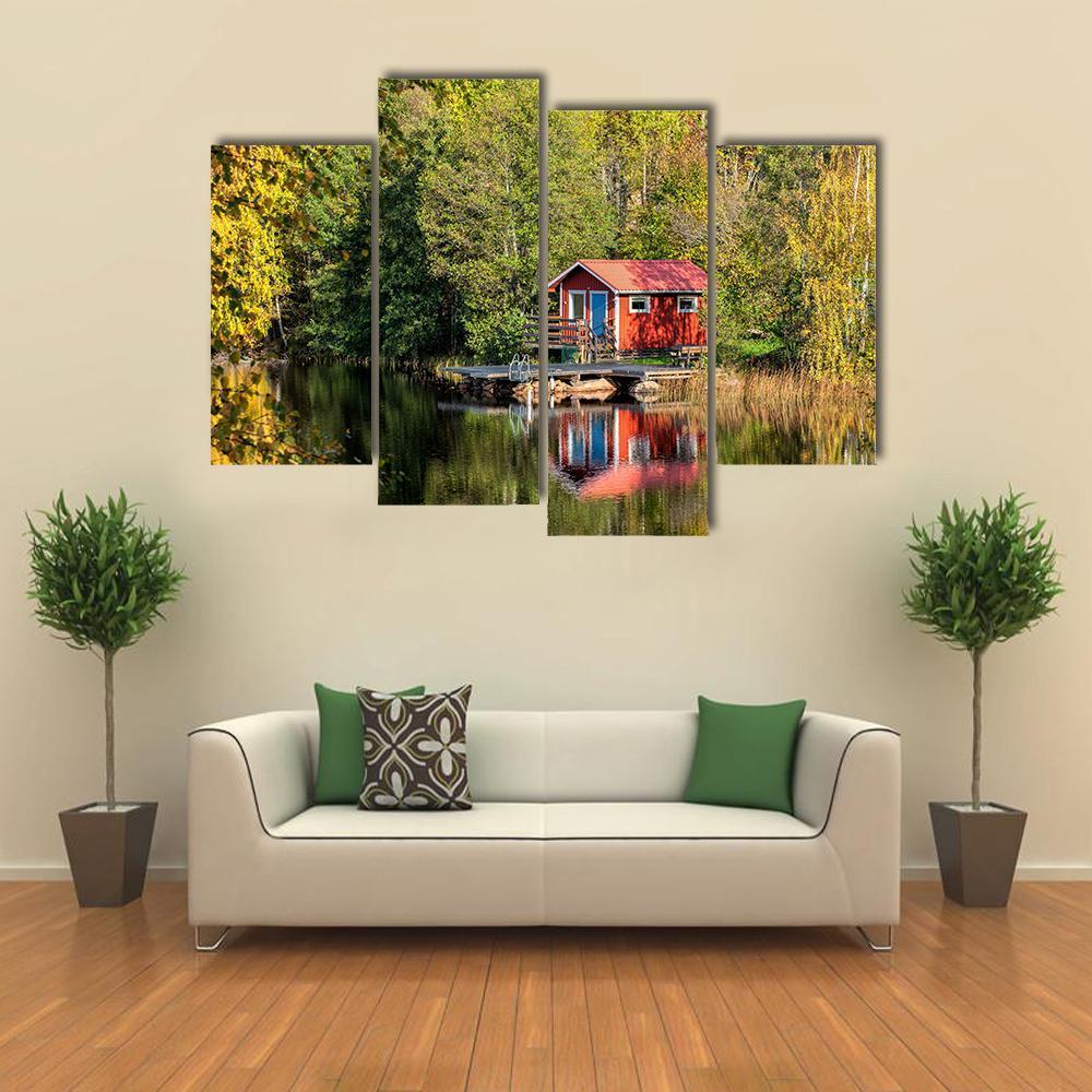 Red Little Cabin At Lake In Sweden Canvas Wall Art-4 Pop-Gallery Wrap-50" x 32"-Tiaracle