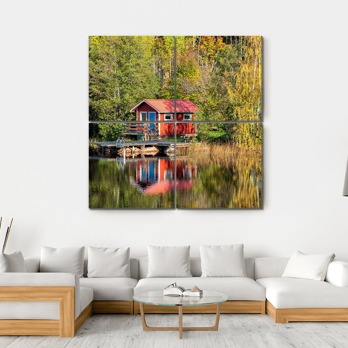 Red Little Cabin At Lake In Sweden Canvas Wall Art-4 Square-Gallery Wrap-17" x 17"-Tiaracle