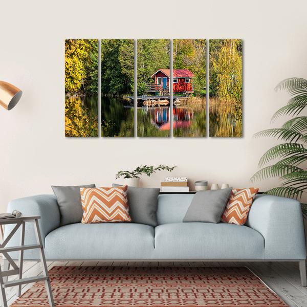Red Little Cabin At Lake In Sweden Canvas Wall Art-5 Horizontal-Gallery Wrap-22" x 12"-Tiaracle