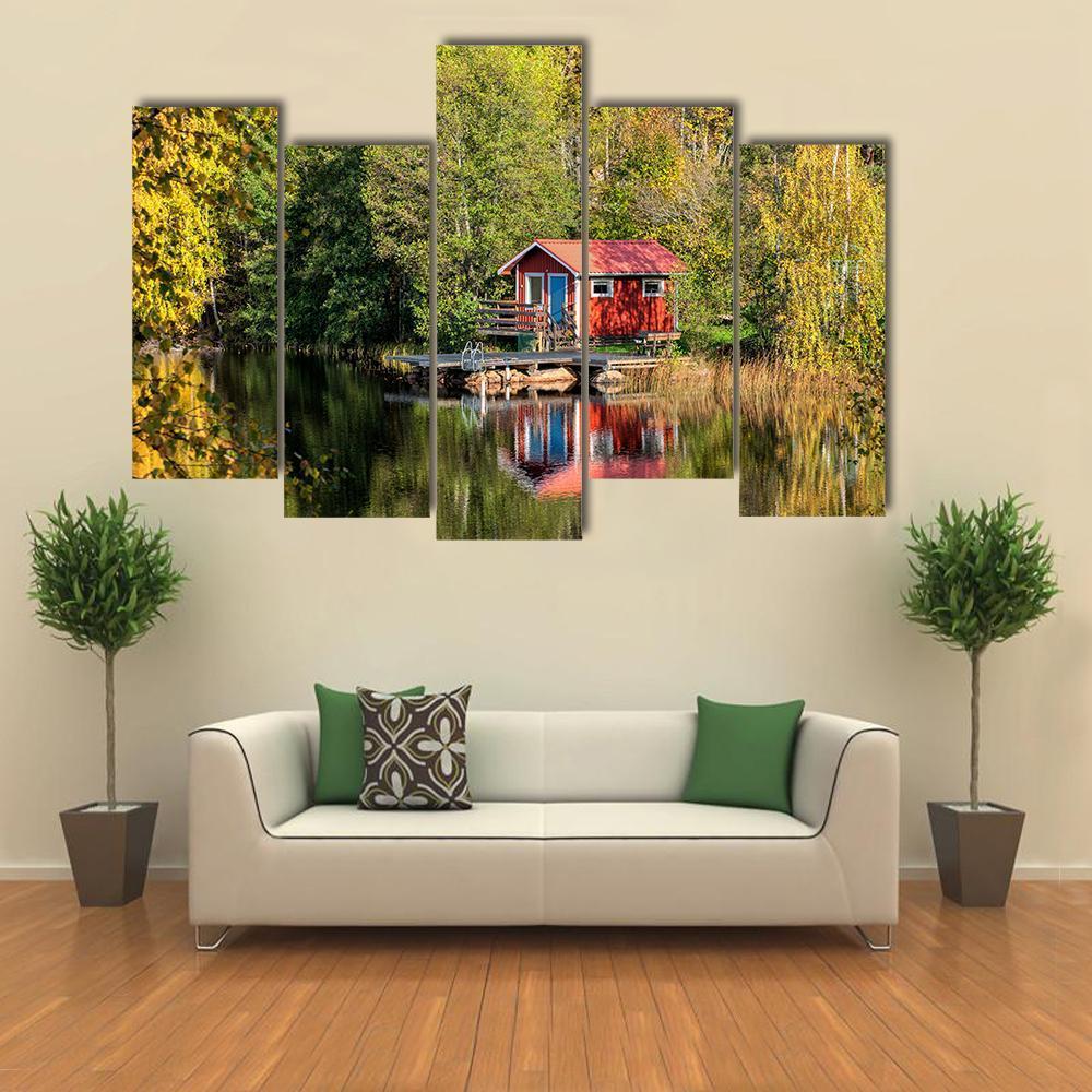 Red Little Cabin At Lake In Sweden Canvas Wall Art-5 Pop-Gallery Wrap-47" x 32"-Tiaracle