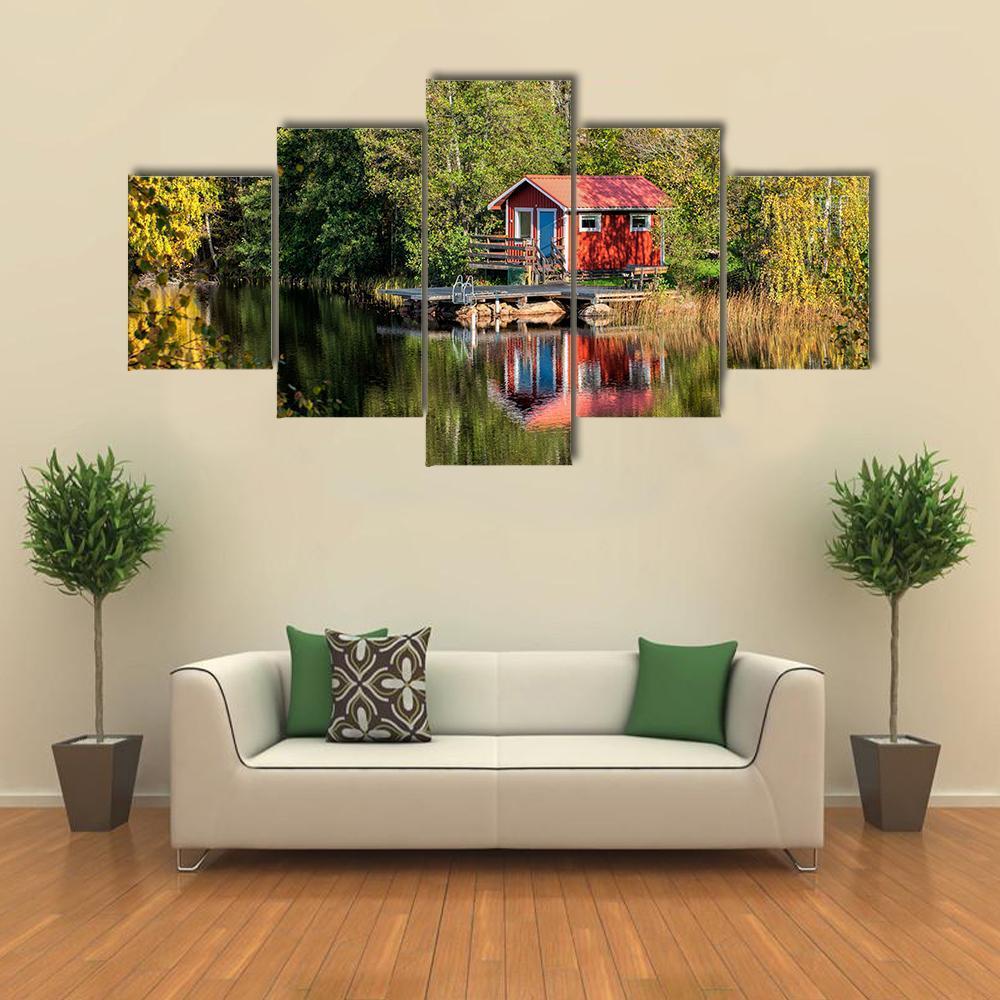 Red Little Cabin At Lake In Sweden Canvas Wall Art-5 Star-Gallery Wrap-62" x 32"-Tiaracle