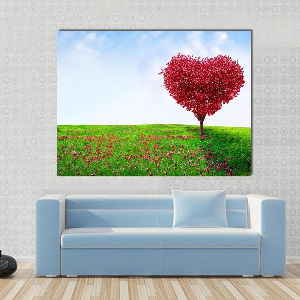 Red Love Tree in Summer Canvas Wall Art in red, green and blue, single panel hung on a wall