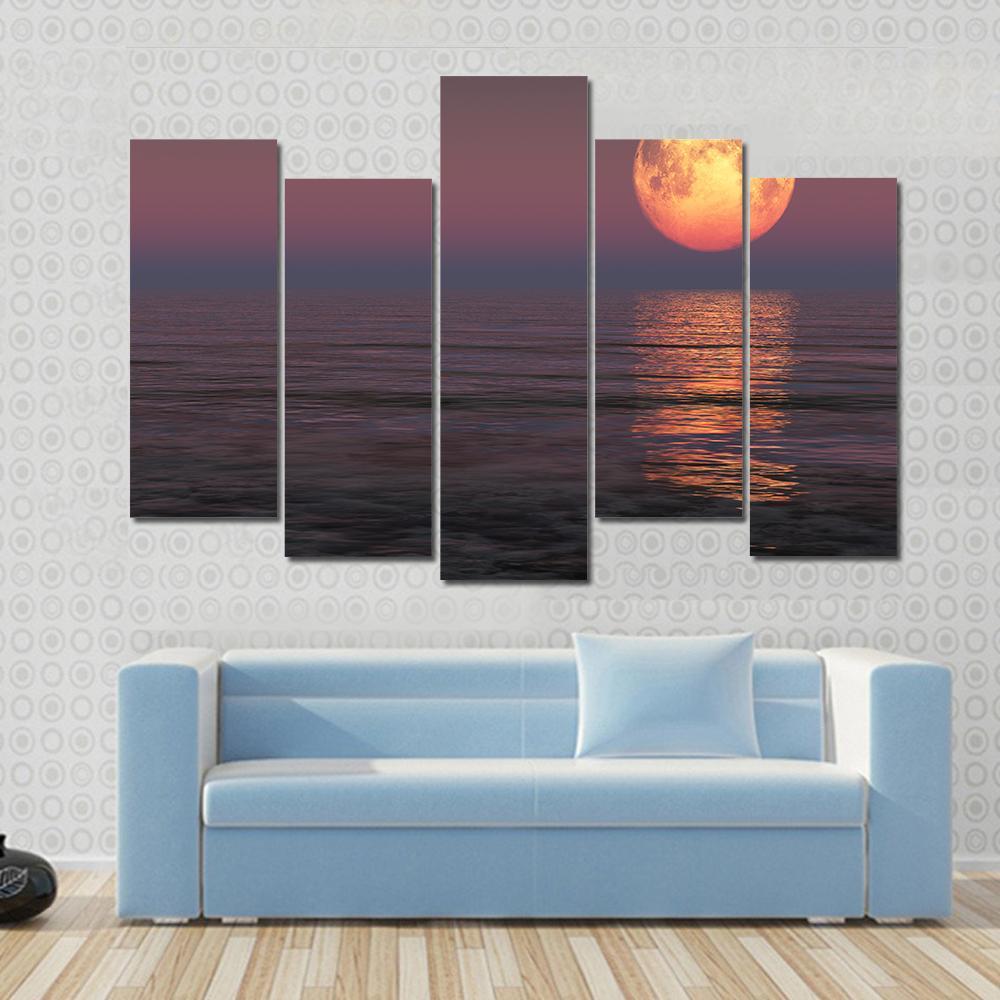 Red Moon Over The Sea Canvas Wall Art-5 Pop-Gallery Wrap-47" x 32"-Tiaracle