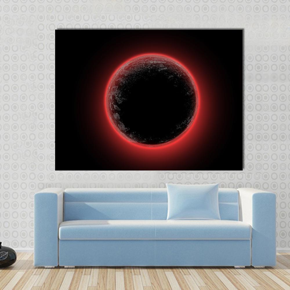 Red Planet in Deep Space Canvas Wall Art in black and red, single panel hung on a wall