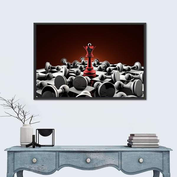 Red Queen and Gray Pawn Chess Canvas Wall Art in black, gray and red, framed canvas, product view on a white background