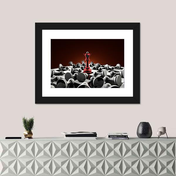 Red Queen and Gray Pawn Chess Canvas Wall Art in black, gray and red, framed print, product view on a white background