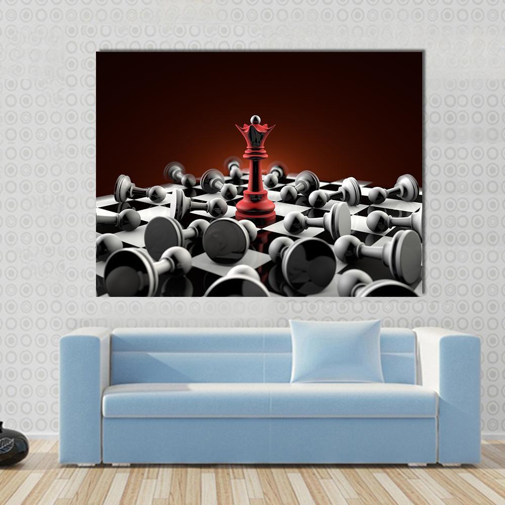 Red Queen and Gray Pawn Chess Canvas Wall Art in black, gray and red, hung on a wall