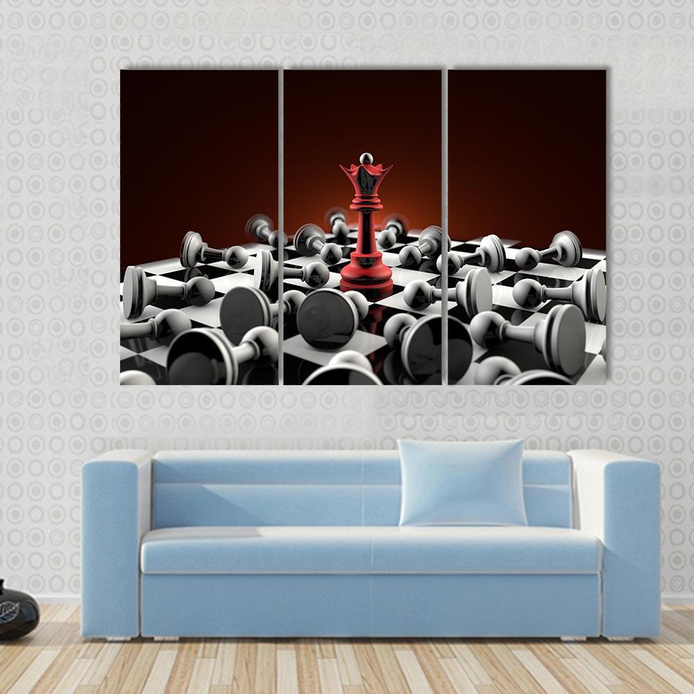 Red Queen and Gray Pawn Chess Canvas Wall Art in black, gray and red, hung on a wall