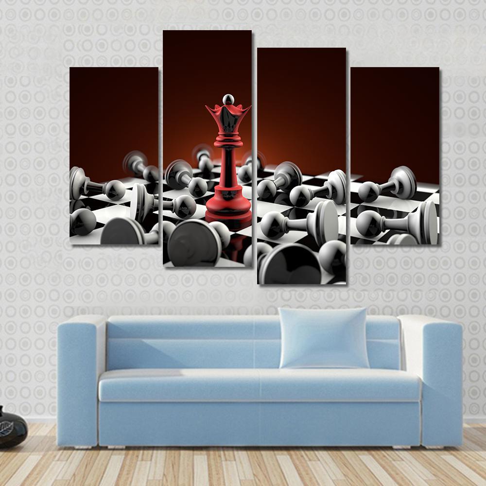 Red Queen and Gray Pawn Chess Canvas Wall Art in black, gray and red, hung on a wall