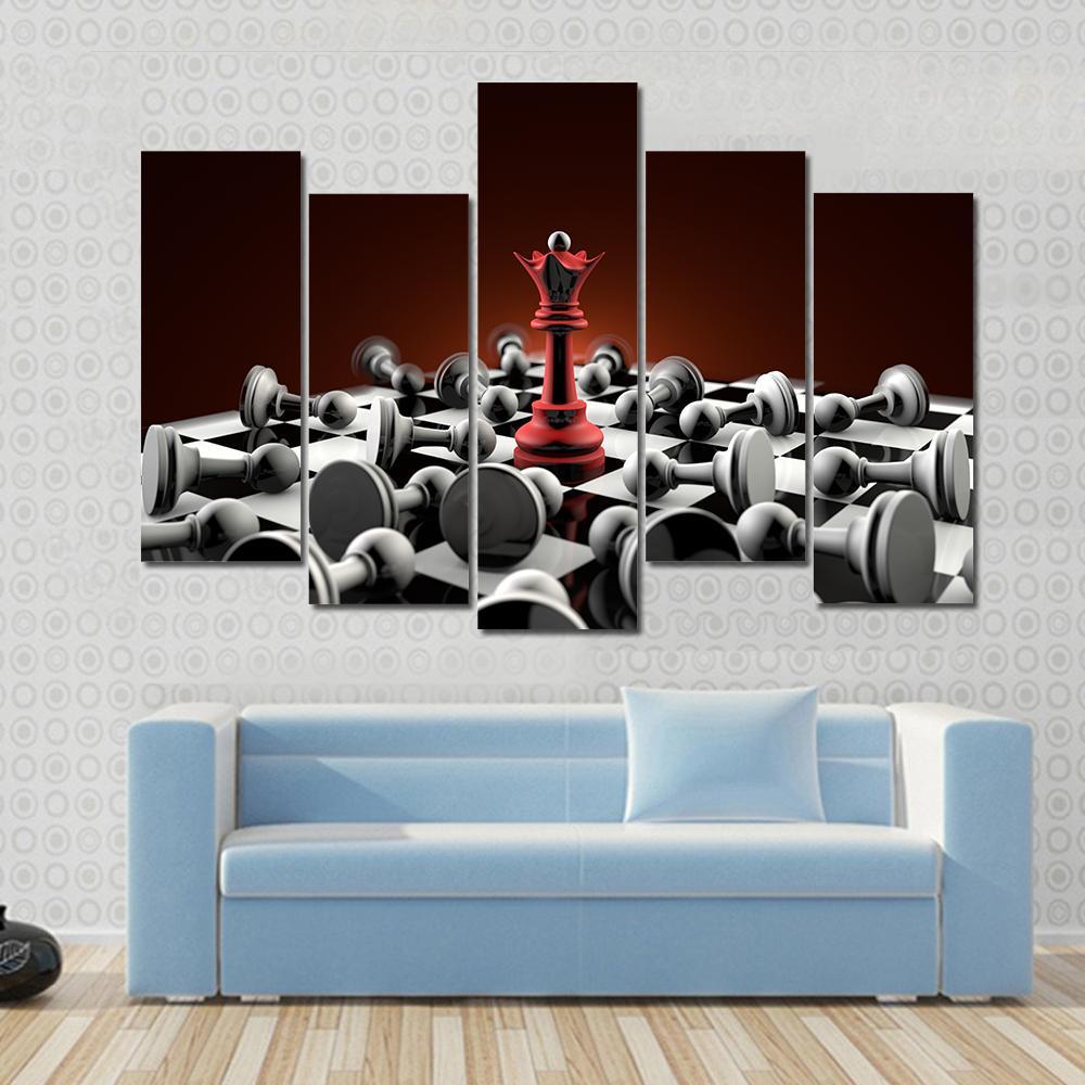 Red Queen and Gray Pawn Chess Canvas Wall Art in black, gray and red, hung on a wall