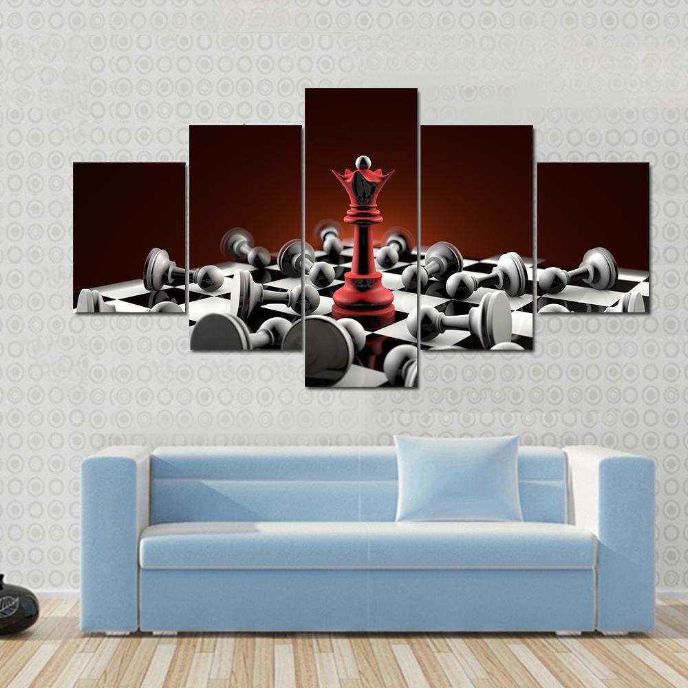 Red Queen and Gray Pawn Chess Canvas Wall Art in black, gray and red, hung on a wall