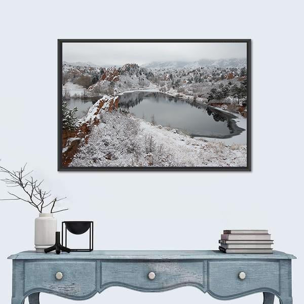 Red Rock Canyon After Fresh Snow Canvas Wall Art in white, gray and red, framed canvas, product view on a white background