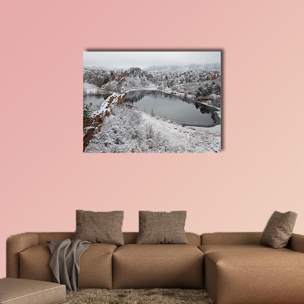 Red Rock Canyon After Fresh Snow Canvas Wall Art in white, gray and red, single panel hung on a wall