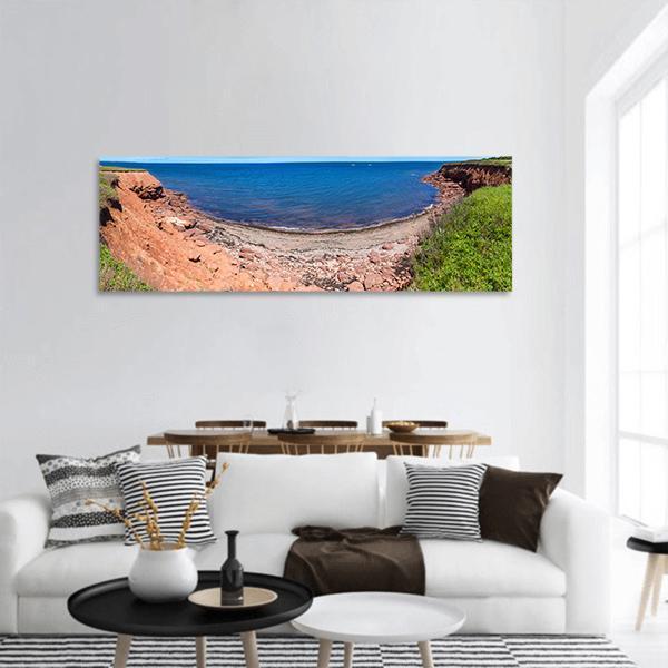 Red Rocks And Cliffs On Cavendish Beach Panoramic Canvas Wall Art-3 Piece-25" x 08"-Tiaracle