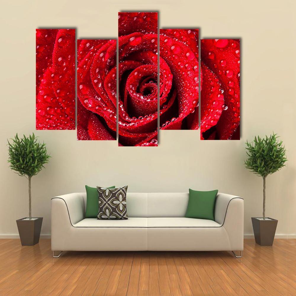 Red Rose With Dew Drops Canvas Wall Art-5 Pop-Gallery Wrap-47" x 32"-Tiaracle