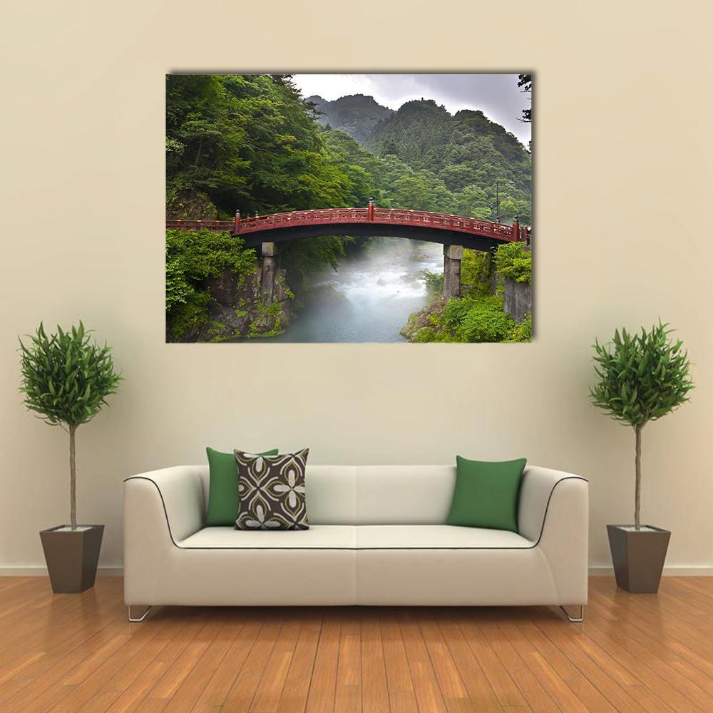 Red Sacred Bridge Shinkyo in Nikko Canvas Wall Art in gray, red and green, single panel hung on a wall