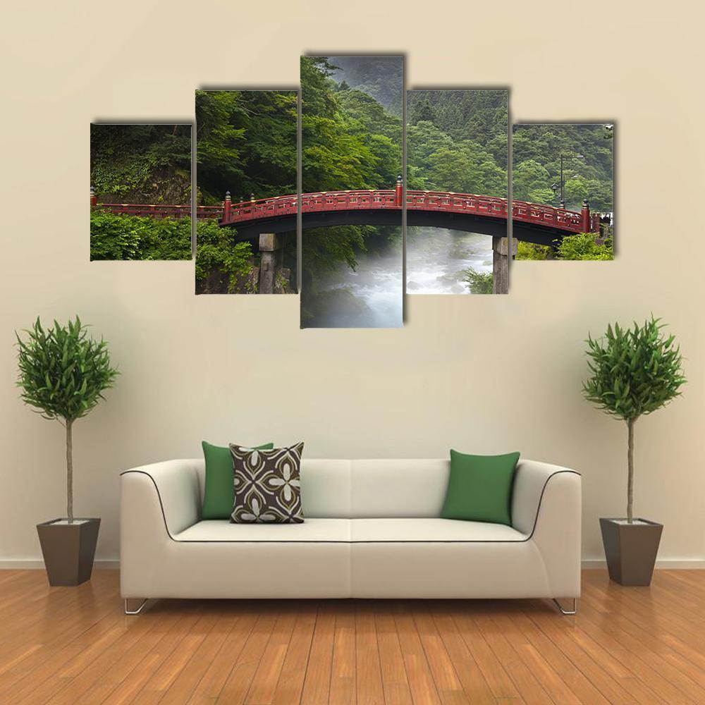 Red Sacred Bridge Shinkyo in Nikko Canvas Wall Art-5 Star-Gallery Wrap-62&quot; x 32&quot;-Tiaracle