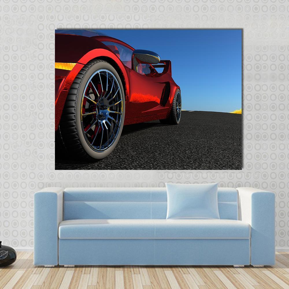 Red Sports Car Canvas Wall Art in black, red and blue, single panel hung on a wall