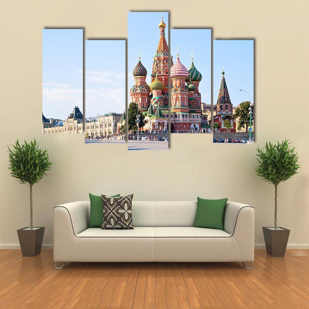 Red Square With Vasilevsky Descent In Moscow Canvas Wall Art-5 Pop-Gallery Wrap-47" x 32"-Tiaracle