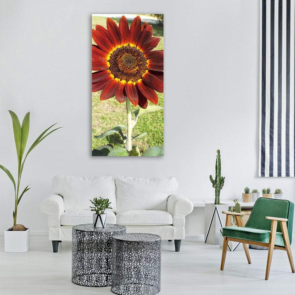 Reddish Orange Sunflower Close-up Vertical Canvas Wall Art in red, orange and green, single vertical panel hung on a wall