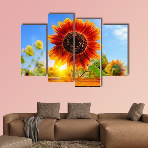 Red Sunflowers Field With Sun Rise Flare Effect Canvas Wall Art-4 Pop-Gallery Wrap-50" x 32"-Tiaracle