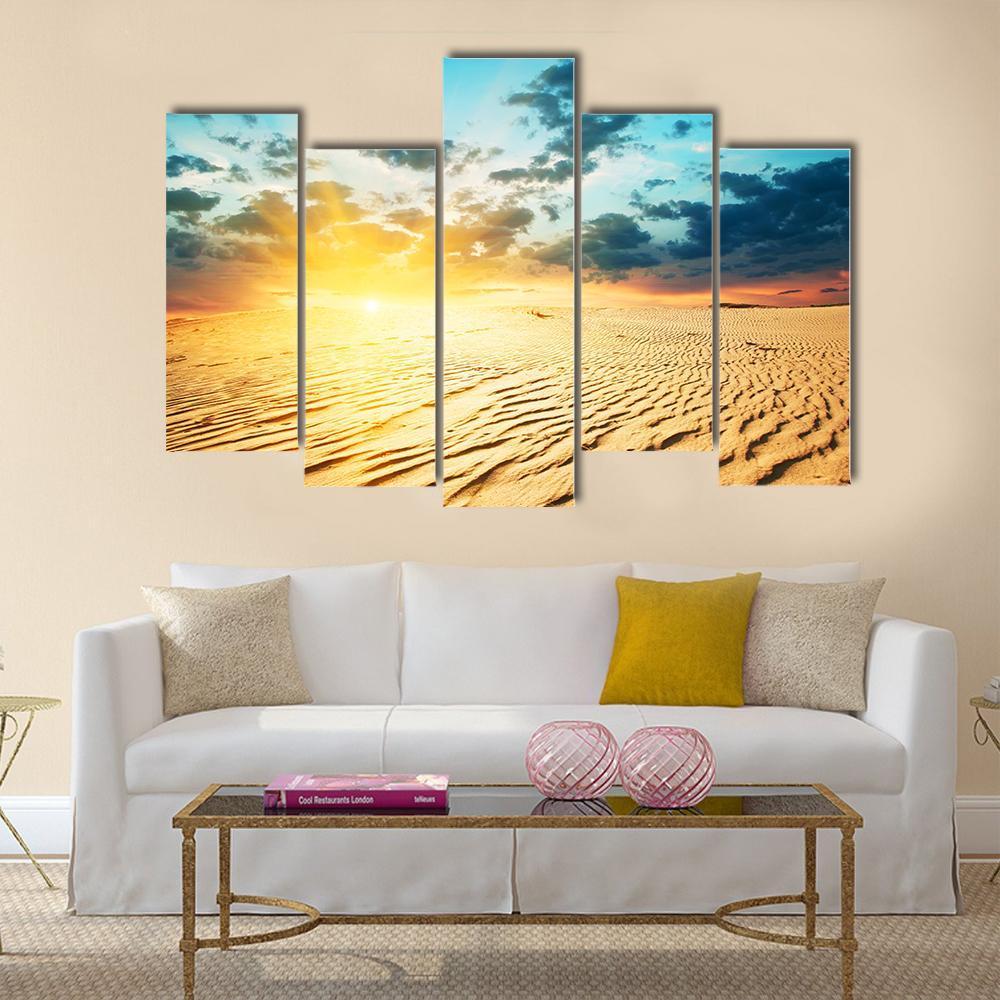 Red Sunset In A Desert With Dunes Canvas Wall Art-5 Pop-Gallery Wrap-47" x 32"-Tiaracle