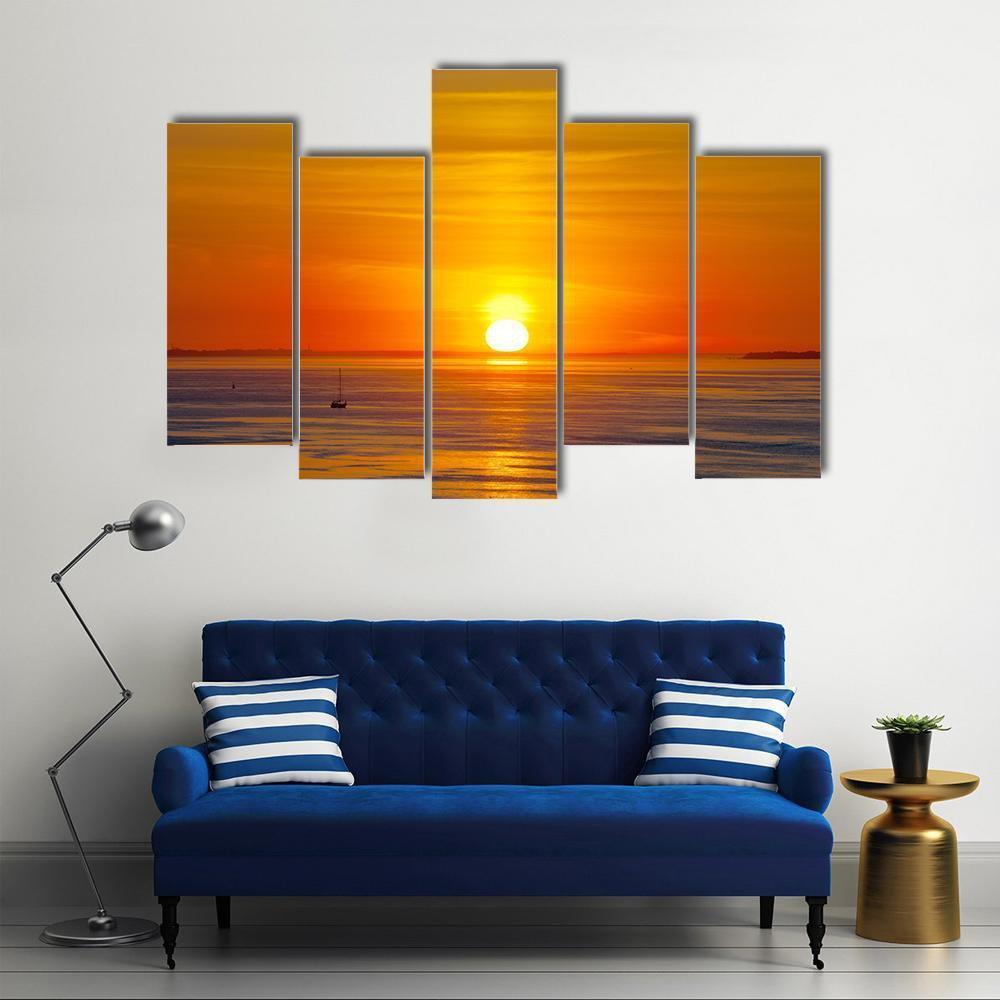 Red Sunset Over The Sea Canvas Wall Art-5 Pop-Gallery Wrap-47" x 32"-Tiaracle
