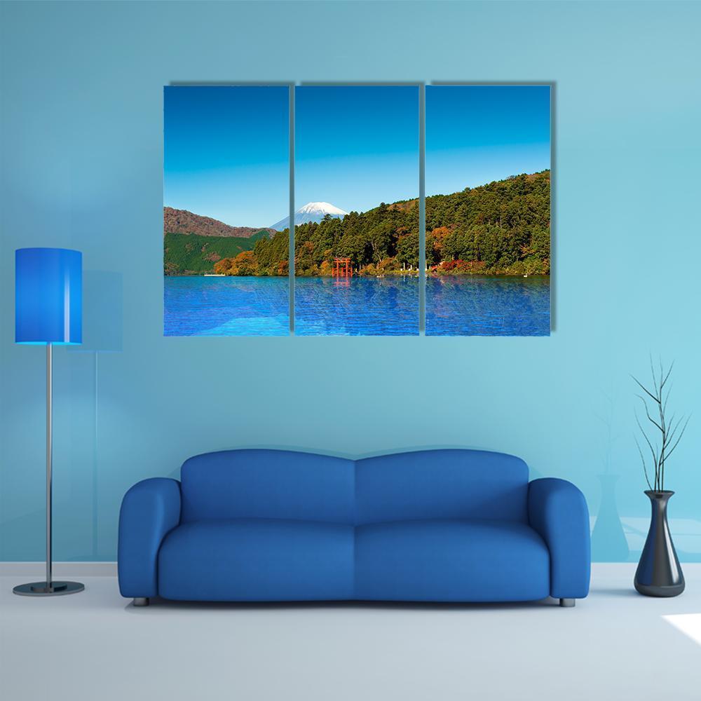 Red Torii Gate On Shore Of Lake Ashi Canvas Wall Art-3 Horizontal-Gallery Wrap-37" x 24"-Tiaracle