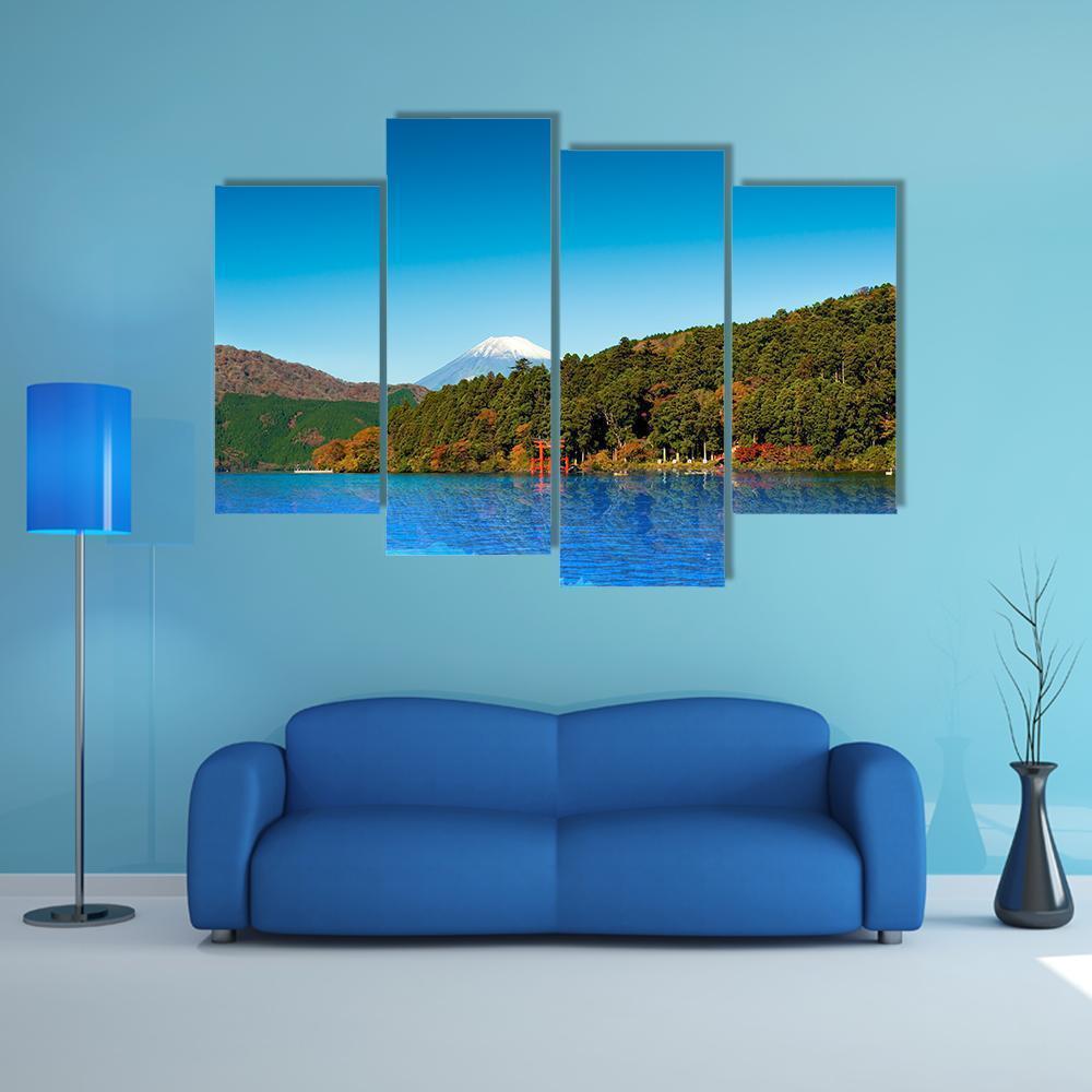 Red Torii Gate On Shore Of Lake Ashi Canvas Wall Art-4 Pop-Gallery Wrap-50" x 32"-Tiaracle